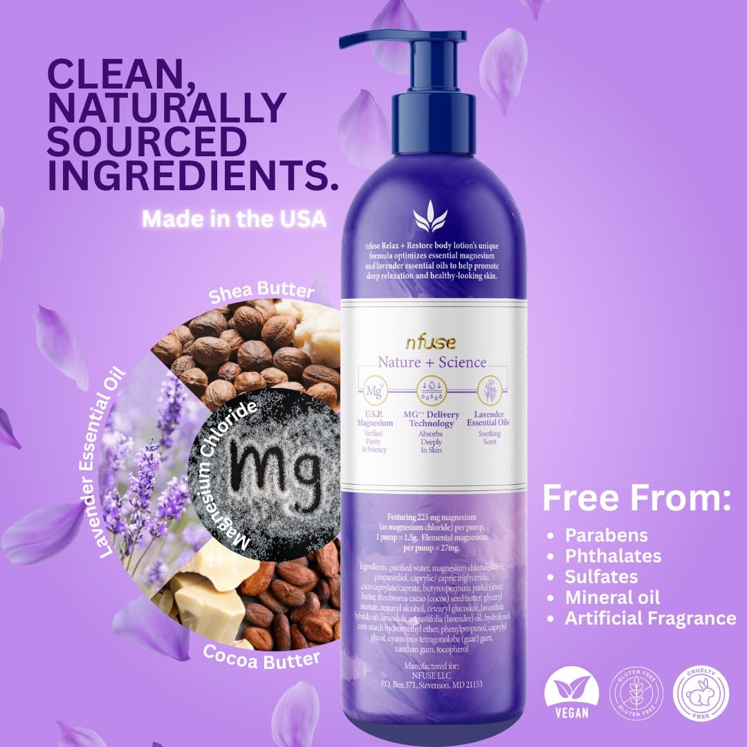 nfuse Magnesium Lotion - 225 mg USP Magnesium Chloride with Lavender Essential Oils - Fast Absorbing Calming Body Lotion for Stress Relief & Muscle Relaxation, 8 oz Avelisse