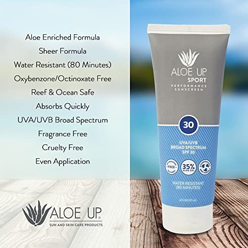 Aloe Up Sport Sunscreen Body Lotion SPF 30 – Broad Spectrum Sunblock with Hydrating Aloe Vera Gel – Non Greasy, No White Cast, Reef Friendly, Fragrance Free – 6 Fl Oz Avelisse