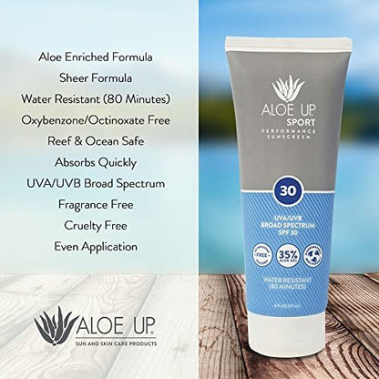 Aloe Up Sport Sunscreen Body Lotion SPF 30 – Broad Spectrum Sunblock with Hydrating Aloe Vera Gel – Non Greasy, No White Cast, Reef Friendly, Fragrance Free – 6 Fl Oz Avelisse