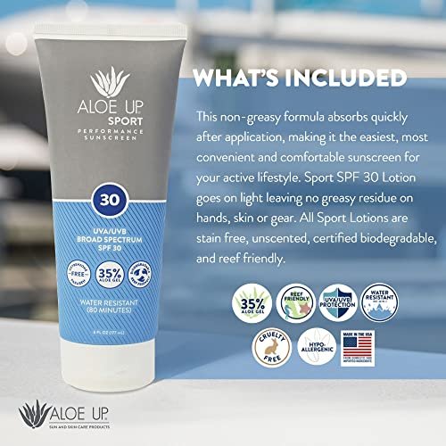 Aloe Up Sport Sunscreen Body Lotion SPF 30 – Broad Spectrum Sunblock with Hydrating Aloe Vera Gel – Non Greasy, No White Cast, Reef Friendly, Fragrance Free – 6 Fl Oz Avelisse