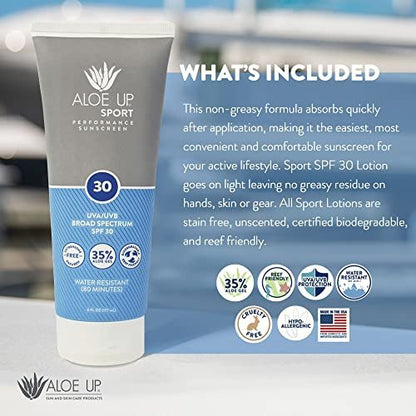 Aloe Up Sport Sunscreen Body Lotion SPF 30 – Broad Spectrum Sunblock with Hydrating Aloe Vera Gel – Non Greasy, No White Cast, Reef Friendly, Fragrance Free – 6 Fl Oz Avelisse