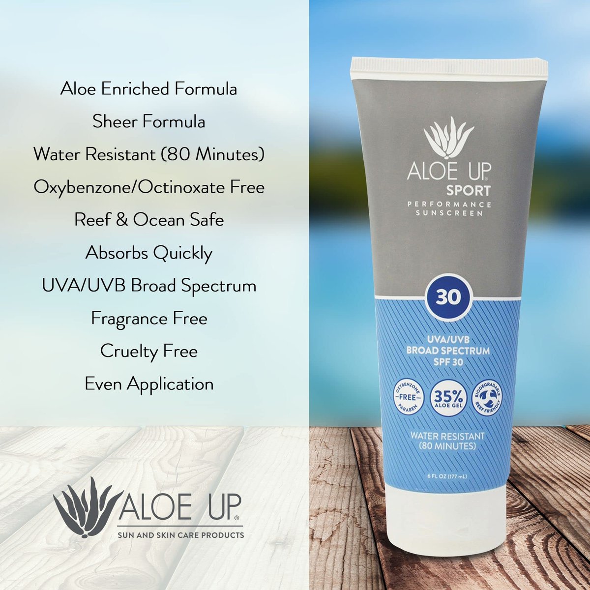 Aloe Up Sport Sunscreen Body Lotion SPF 30 – Broad Spectrum Sunblock with Hydrating Aloe Vera Gel – Non Greasy, No White Cast, Reef Friendly, Fragrance Free – 6 Fl Oz Avelisse