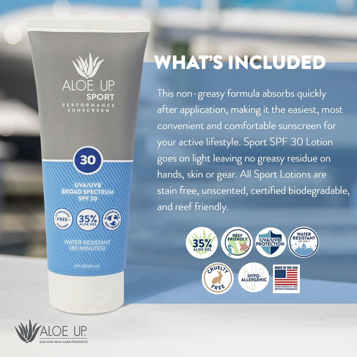 Aloe Up Sport Sunscreen Body Lotion SPF 30 – Broad Spectrum Sunblock with Hydrating Aloe Vera Gel – Non Greasy, No White Cast, Reef Friendly, Fragrance Free – 6 Fl Oz Avelisse