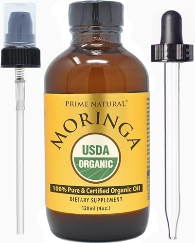 PRIME NATURAL Organic Moringa Oil - USDA Certified, 100% Pure Cold Pressed Virgin Unrefined Oil for Face, Body, Hair, and Dietary Supplement (4 oz / 120 ml) Avelisse