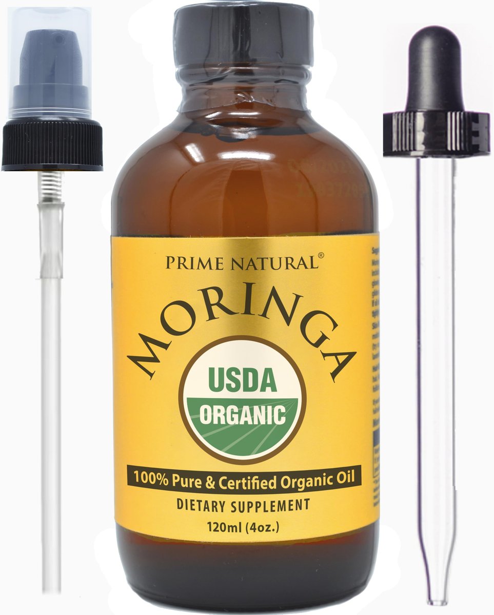 PRIME NATURAL Organic Moringa Oil - USDA Certified, 100% Pure Cold Pressed Virgin Unrefined Oil for Face, Body, Hair, and Dietary Supplement (4 oz / 120 ml) Avelisse