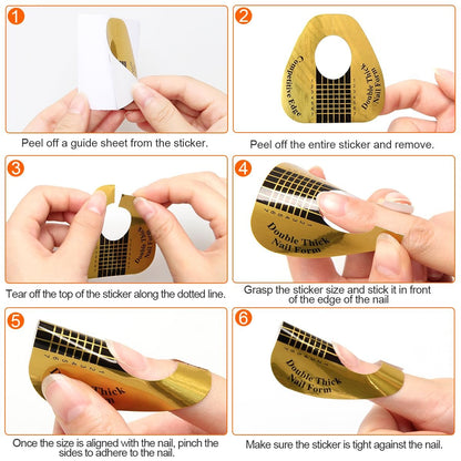 AHIER 200 PCS Self-Adhesive Nail Forms for Builder Gel - Gold Acrylic Nail Extension Forms for DIY Professional Nail Art