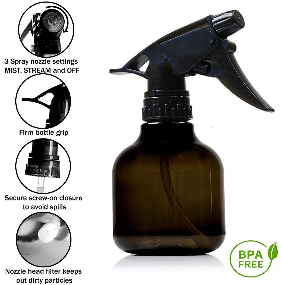 Nechtik Black Plastic Spray Bottles - 8 Oz, Pack of 3, Leak Proof, BPA Free, Adjustable Trigger Nozzle - görsel 3