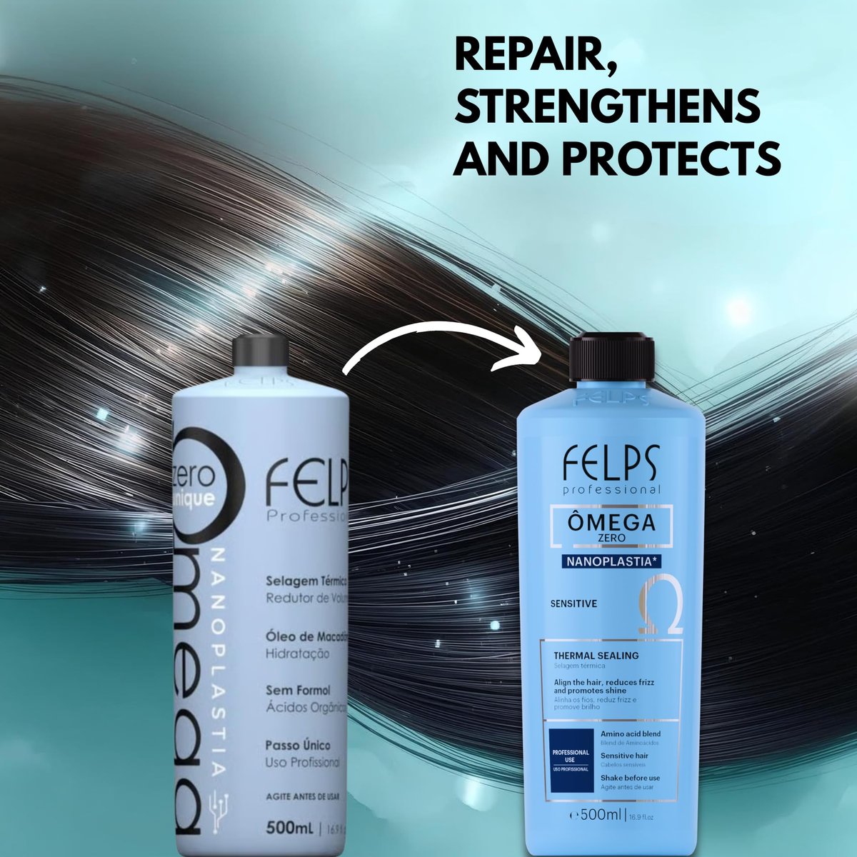 Felps Professional Omega Sensitive Thermal Sealing Unique Nanoplasty Brazilian Keratin Blowout Straightening & Smoothing Hair Treatment, Formaldehyde Free, 500ml/16.90 oz Avelisse