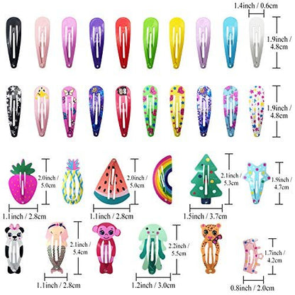 Funtopia 100-Piece No-Slip Metal Snap Hair Clips for Girls, Kids, Teens, Women – Cute Candy Color Cartoon Designs (Animals, Fruits, Crowns, Stars)