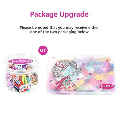 Funtopia 100-Piece No-Slip Metal Snap Hair Clips for Girls, Kids, Teens, Women – Cute Candy Color Cartoon Designs (Animals, Fruits, Crowns, Stars)