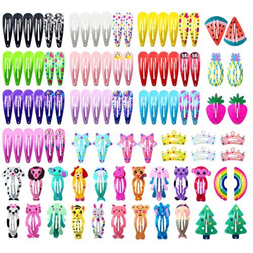 Funtopia 100-Piece No-Slip Metal Snap Hair Clips for Girls, Kids, Teens, Women – Cute Candy Color Cartoon Designs (Animals, Fruits, Crowns, Stars) - görsel 2