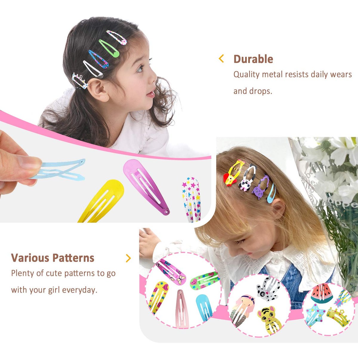 Funtopia 100-Piece No-Slip Metal Snap Hair Clips for Girls, Kids, Teens, Women – Cute Candy Color Cartoon Designs (Animals, Fruits, Crowns, Stars) - görsel 3