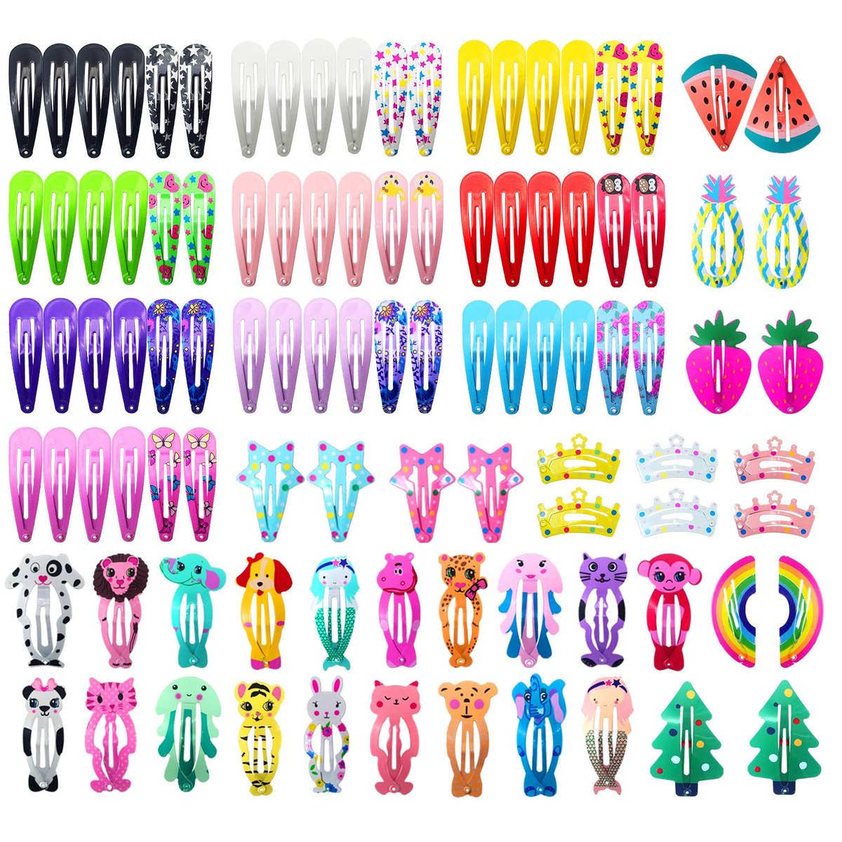 Funtopia 100-Piece No-Slip Metal Snap Hair Clips for Girls, Kids, Teens, Women – Cute Candy Color Cartoon Designs (Animals, Fruits, Crowns, Stars) - görsel 1