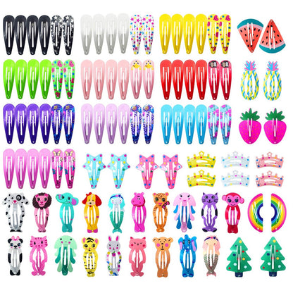 Funtopia 100-Piece No-Slip Metal Snap Hair Clips for Girls, Kids, Teens, Women – Cute Candy Color Cartoon Designs (Animals, Fruits, Crowns, Stars)