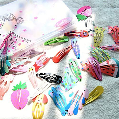 Funtopia 100-Piece No-Slip Metal Snap Hair Clips for Girls, Kids, Teens, Women – Cute Candy Color Cartoon Designs (Animals, Fruits, Crowns, Stars)