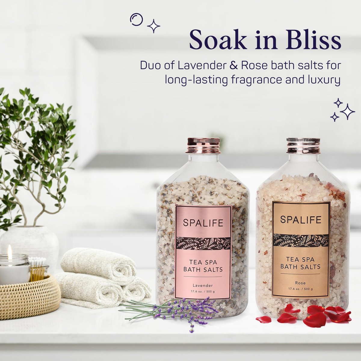 SpaLife Rose & Lavender Bath Salts – Relaxing Aromatherapy Dead Sea Salt Soak Duo with Real Flower Petals, 2-Pack (35.2 oz) Avelisse