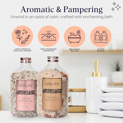 SpaLife Rose & Lavender Bath Salts – Relaxing Aromatherapy Dead Sea Salt Soak Duo with Real Flower Petals, 2-Pack (35.2 oz) Avelisse