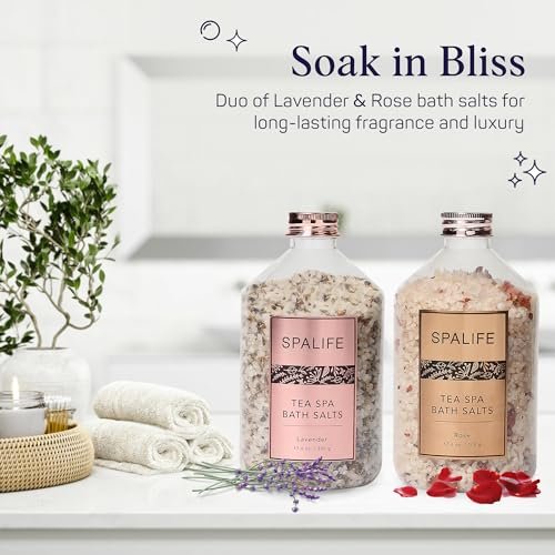 SpaLife Rose & Lavender Bath Salts – Relaxing Aromatherapy Dead Sea Salt Soak Duo with Real Flower Petals, 2-Pack (35.2 oz) Avelisse