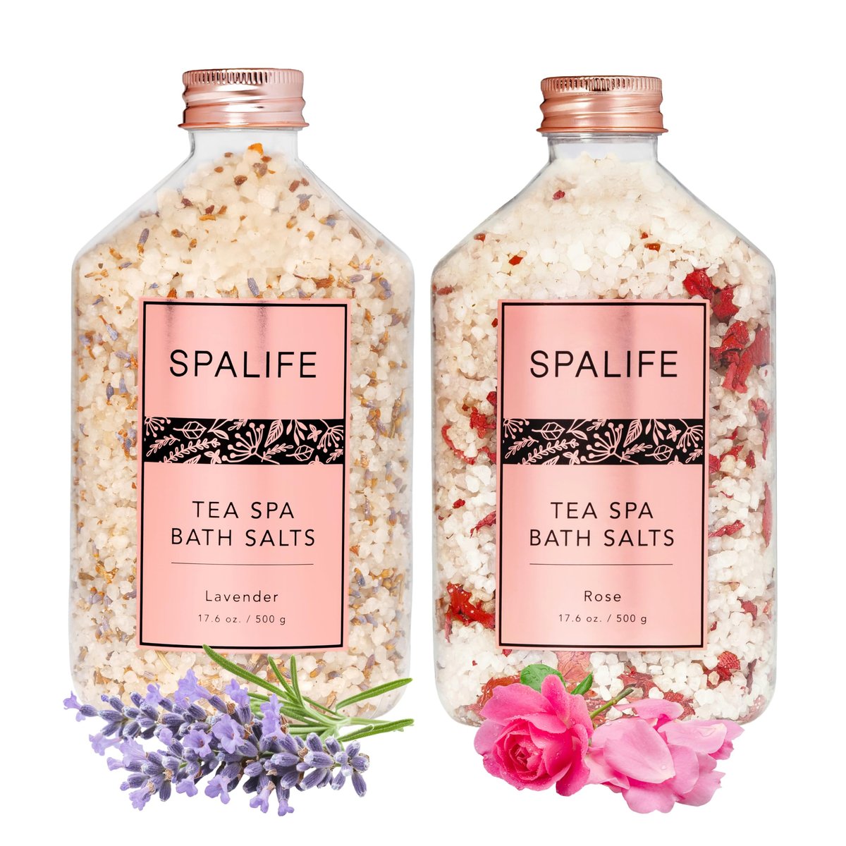 SpaLife Rose & Lavender Bath Salts – Relaxing Aromatherapy Dead Sea Salt Soak Duo with Real Flower Petals, 2-Pack (35.2 oz) Avelisse