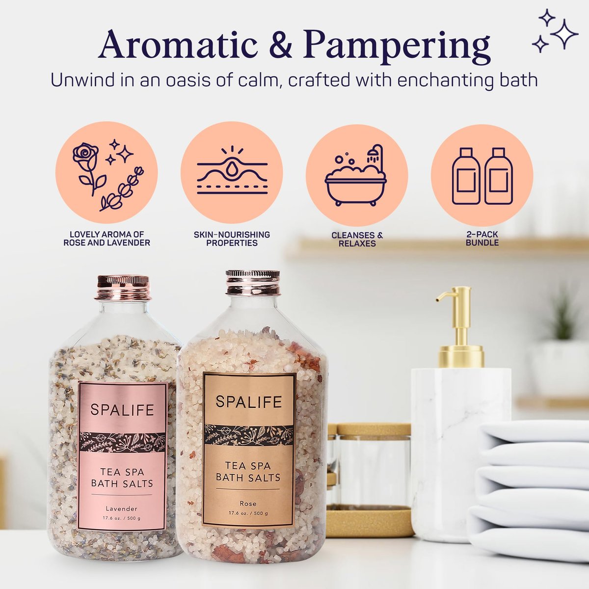 SpaLife Rose & Lavender Bath Salts – Relaxing Aromatherapy Dead Sea Salt Soak Duo with Real Flower Petals, 2-Pack (35.2 oz) Avelisse