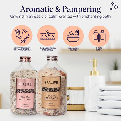 SpaLife Rose & Lavender Bath Salts – Relaxing Aromatherapy Dead Sea Salt Soak Duo with Real Flower Petals, 2-Pack (35.2 oz) Avelisse