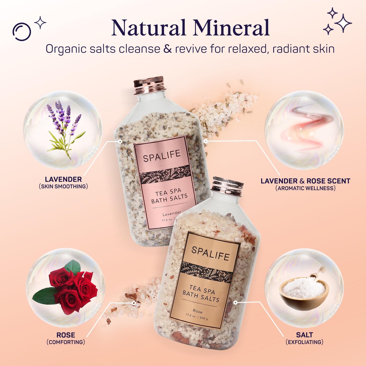 SpaLife Rose & Lavender Bath Salts – Relaxing Aromatherapy Dead Sea Salt Soak Duo with Real Flower Petals, 2-Pack (35.2 oz) Avelisse