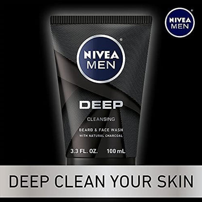 NIVEA MEN DEEP Cleansing Beard and Face Wash with Natural Charcoal, 3-Pack (3.3 Fl Oz Each) Avelisse