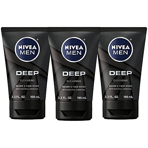 NIVEA MEN DEEP Cleansing Beard and Face Wash with Natural Charcoal, 3-Pack (3.3 Fl Oz Each) Avelisse