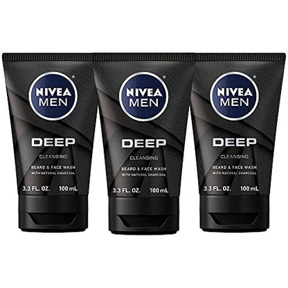 NIVEA MEN DEEP Cleansing Beard and Face Wash with Natural Charcoal, 3-Pack (3.3 Fl Oz Each) Avelisse
