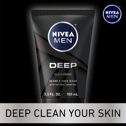 NIVEA MEN DEEP Cleansing Beard and Face Wash with Natural Charcoal, 3-Pack (3.3 Fl Oz Each) Avelisse