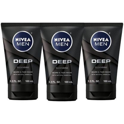 NIVEA MEN DEEP Cleansing Beard and Face Wash with Natural Charcoal, 3-Pack (3.3 Fl Oz Each) Avelisse