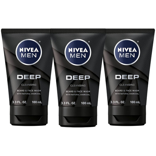 NIVEA MEN DEEP Cleansing Beard and Face Wash with Natural Charcoal, 3-Pack (3.3 Fl Oz Each) Avelisse