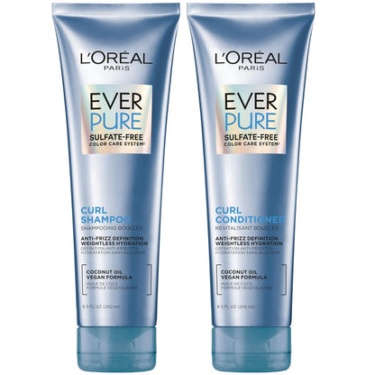 L'Oreal Paris EverPure Sulfate Free Shampoo and Conditioner Set for Curly Hair, Lightweight Anti-Frizz Coconut Oil, 8.5 Fl Oz Each (Pack of 2)