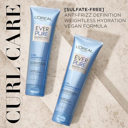 L'Oreal Paris EverPure Sulfate Free Shampoo and Conditioner Set for Curly Hair, Lightweight Anti-Frizz Coconut Oil, 8.5 Fl Oz Each (Pack of 2)