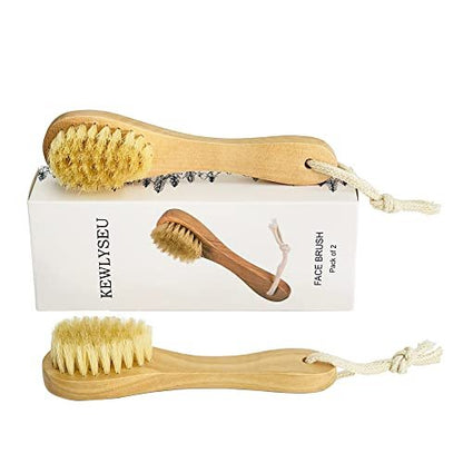 Natural Bristles Wooden Face Cleaning Brush - Wood Handle Facial Cleanser & Exfoliating Brush for Skin Care (Pack of 2)
