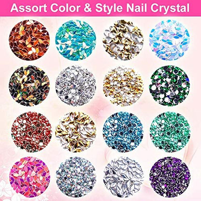 6400pcs Nail Art Rhinestones Kit – Acrylic Crystal Gems & Sequins with Tweezers & Wax Pen for DIY Nail Art