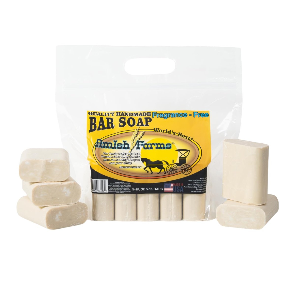 Amish Farms Fragrance Free Bar Soap with Bentonite Clay 5 oz Bars (5 Pack) - Vegan, Made in USA, Moisturizing for Sensitive Skin - görsel 1