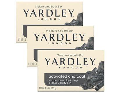 Yardley London Activated Charcoal Bath Bar 4oz - 3 Pack (12 oz Total) - Deep Cleansing Soap for Face & Body