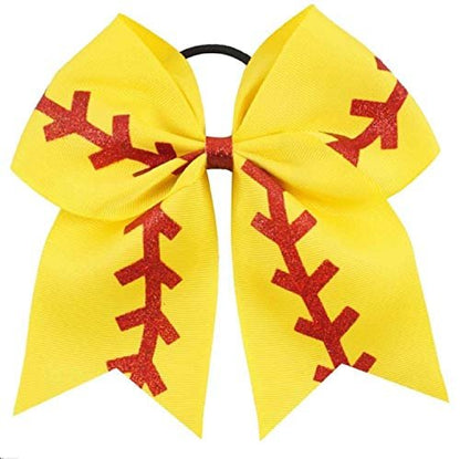 Kenz Laurenz Softball Bow Gifts - Yellow Red Stitching Ribbon Hair Ties for Girls Team Spirit Ponytail Holders (Softball Bow 1) Avelisse