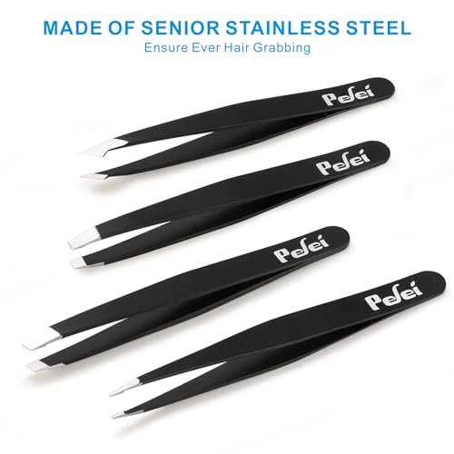 Pefei Professional Stainless Steel Tweezers Set - Precision Eyebrow Tweezers for Facial Hair, Splinter, and Ingrown Hair Removal (Black, 4-Piece Set) - görsel 7
