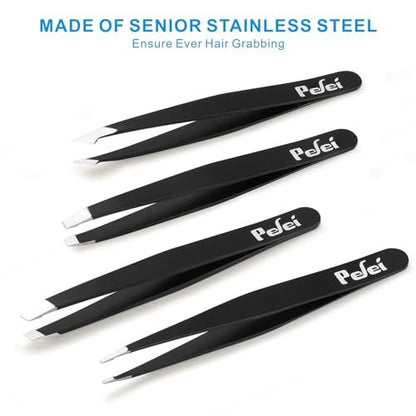 Pefei Professional Stainless Steel Tweezers Set - Precision Eyebrow Tweezers for Facial Hair, Splinter, and Ingrown Hair Removal (Black, 4-Piece Set)
