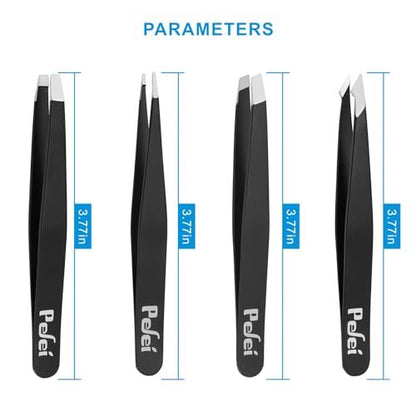 Pefei Professional Stainless Steel Tweezers Set - Precision Eyebrow Tweezers for Facial Hair, Splinter, and Ingrown Hair Removal (Black, 4-Piece Set)
