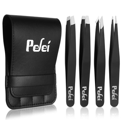 Pefei Professional Stainless Steel Tweezers Set - Precision Eyebrow Tweezers for Facial Hair, Splinter, and Ingrown Hair Removal (Black, 4-Piece Set)