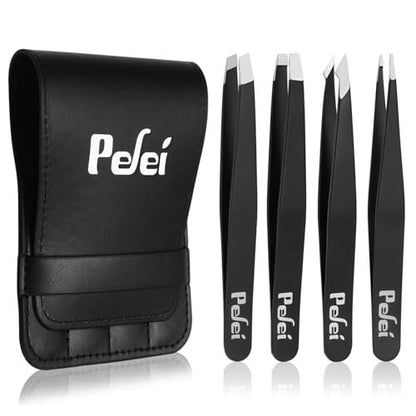Pefei Professional Stainless Steel Tweezers Set - Precision Eyebrow Tweezers for Facial Hair, Splinter, and Ingrown Hair Removal (Black, 4-Piece Set)