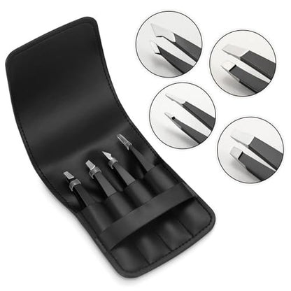 Pefei Professional Stainless Steel Tweezers Set - Precision Eyebrow Tweezers for Facial Hair, Splinter, and Ingrown Hair Removal (Black, 4-Piece Set)