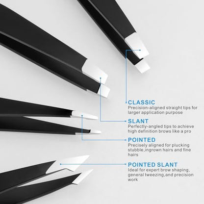 Pefei Professional Stainless Steel Tweezers Set - Precision Eyebrow Tweezers for Facial Hair, Splinter, and Ingrown Hair Removal (Black, 4-Piece Set)