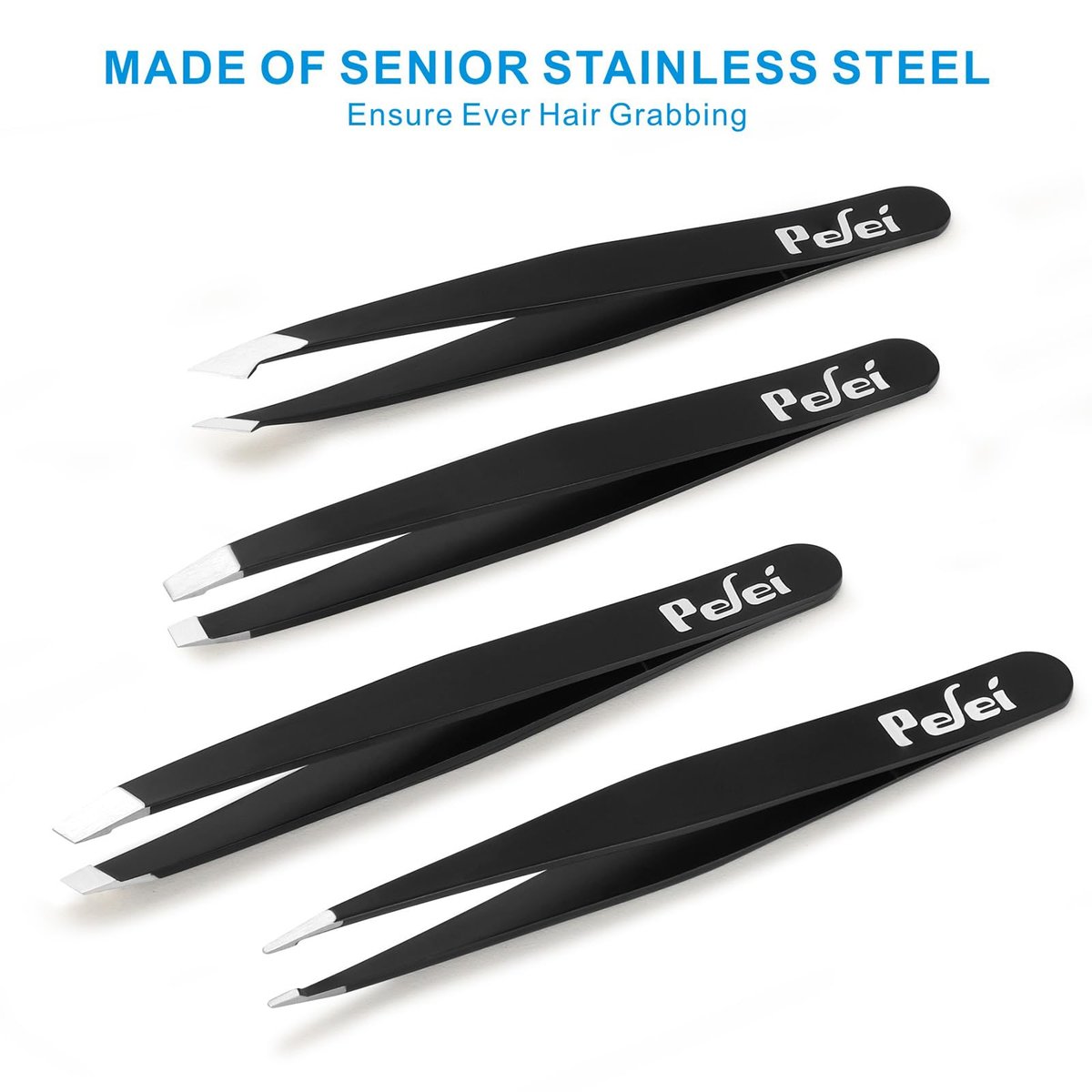 Pefei Professional Stainless Steel Tweezers Set - Precision Eyebrow Tweezers for Facial Hair, Splinter, and Ingrown Hair Removal (Black, 4-Piece Set) - görsel 8