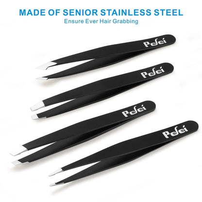 Pefei Professional Stainless Steel Tweezers Set - Precision Eyebrow Tweezers for Facial Hair, Splinter, and Ingrown Hair Removal (Black, 4-Piece Set)