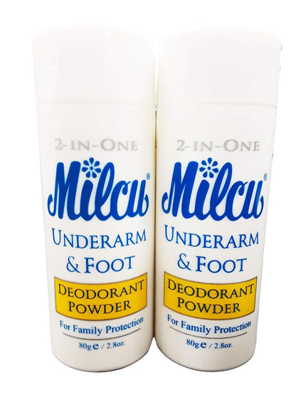 Milcu Underarm & Foot Deodorant Powder 80g per Bottle, 2 Pack - Natural Talc-Free Odor Protection Avelisse