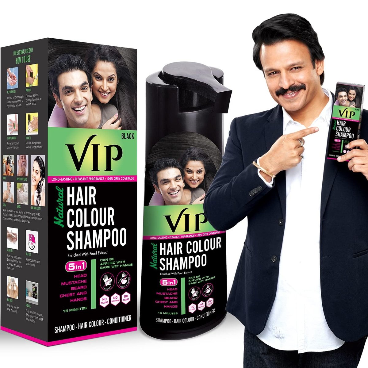 VIP 5 in 1 Hair Colour Shampoo - Black - 180ml | Gentle Permanent Hair Color Avelisse